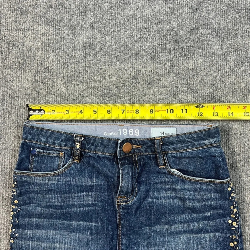 Gap 1969 Mini Skirt Girls 14R Blue Whiskered Denim Cotton Sequins‎ Dark Wash